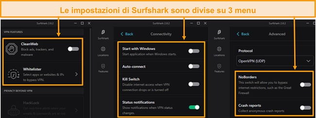 Screenshot dei menu del desktop di Surfshark.