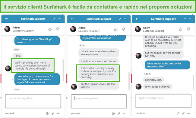 Screenshot dell'assistenza tramite live chat di Surfshark.