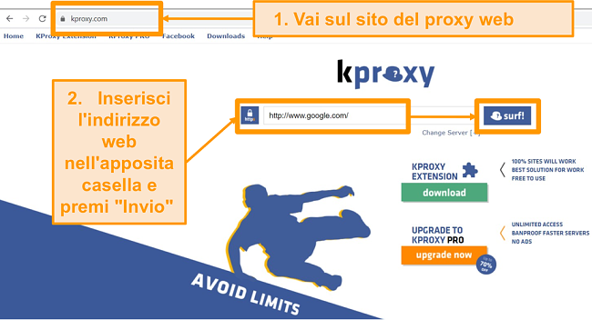 Screenshot della pagina di destinazione di KProxy