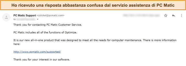 Screenshot della risposta del supporto e-mail di PC Matic.