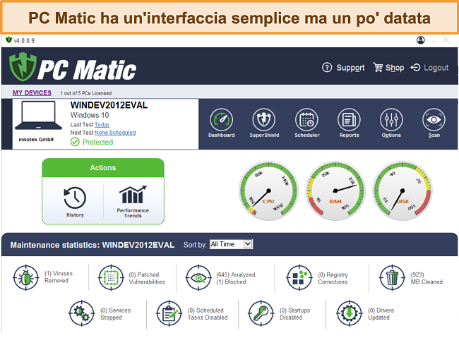 Screenshot dell'interfaccia desktop di PC Matic.