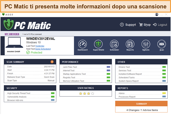 Screenshot della panoramica post-scansione di PC Matic.