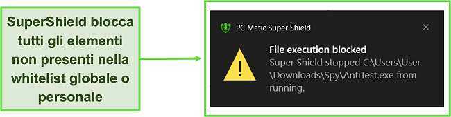 Screenshot del Super Shield di PC Matic che cattura una minaccia.