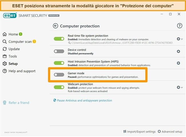 Screenshot dell'interfaccia desktop di ESET