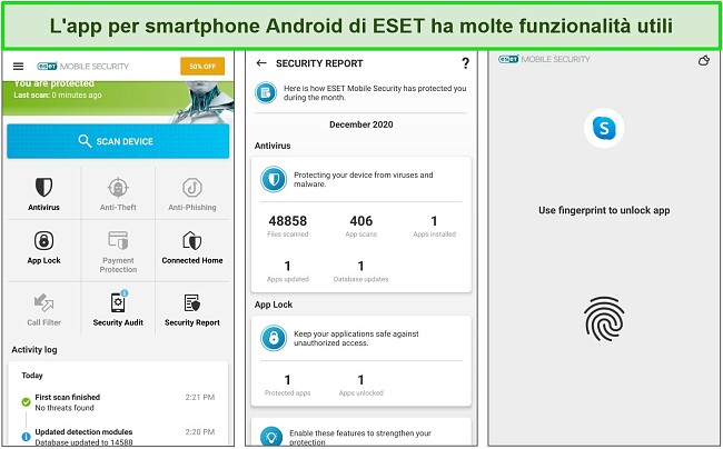 Screenshot dei menu dell'app ESET Mobile Security
