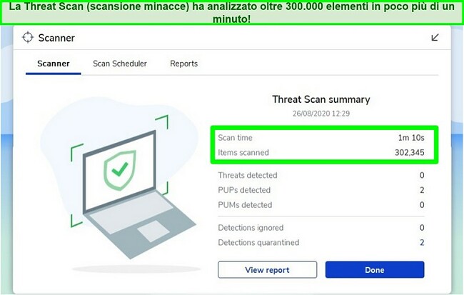 Screenshot dei risultati della scansione delle minacce di Malwarebytes