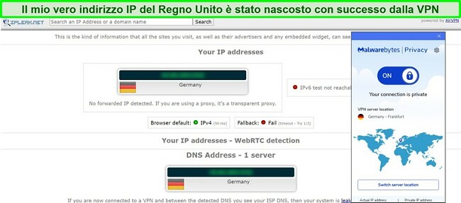 Screenshot del test di tenuta IP e DNS per Malwarebytes Privacy VPN