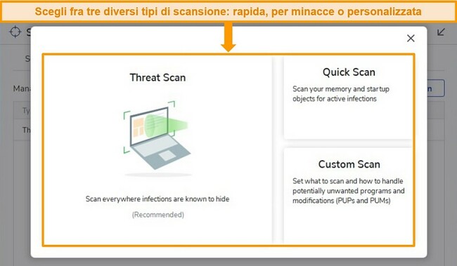 Screenshot delle opzioni di scansione antivirus di Malwarebytes.