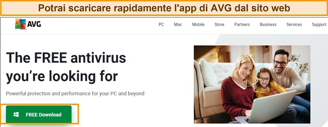 Screenshot della home page di AVG che mostra il pulsante di download