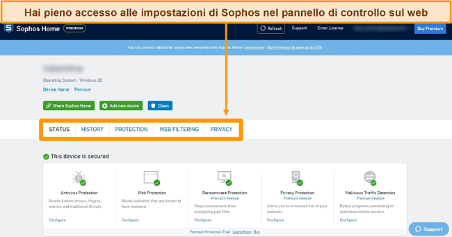 Screenshot del dashboard basato sul web di Sophos