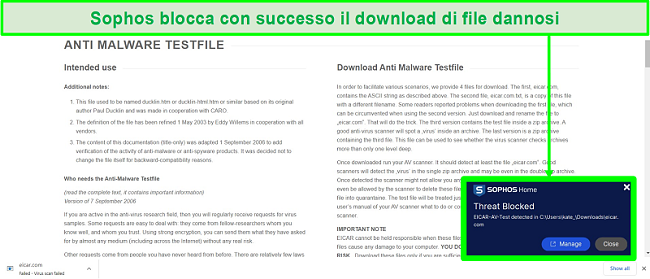 Screenshot del sito web noto per avere download dannosi e Sophos che lavora per bloccare i file infetti.