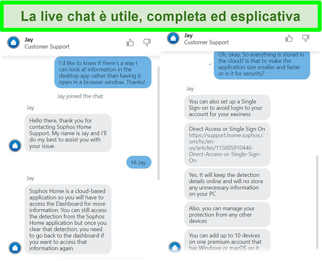 Screenshot della chat live di Sophos che risponde alle domande.