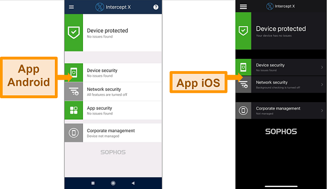 Schermate che mostrano la differenza tra le interfacce Android e iOS di Sophos.