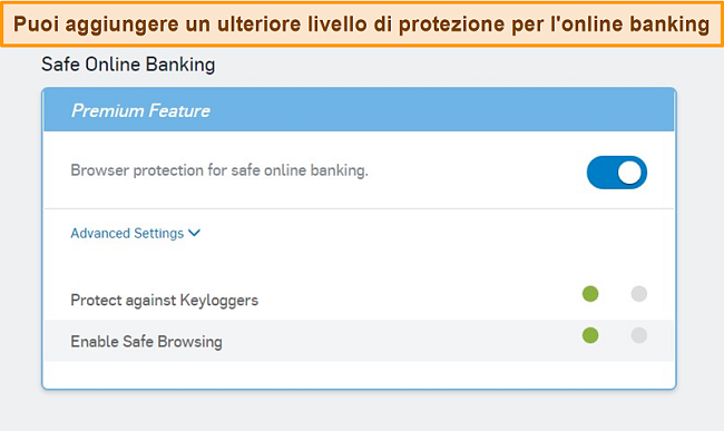 Screenshot della funzione Safe Online Banking di Sophos attivata.