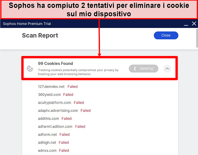 Screenshot di Sophos dopo aver eseguito una scansione e aver fallito nell'eliminazione di più cookie.