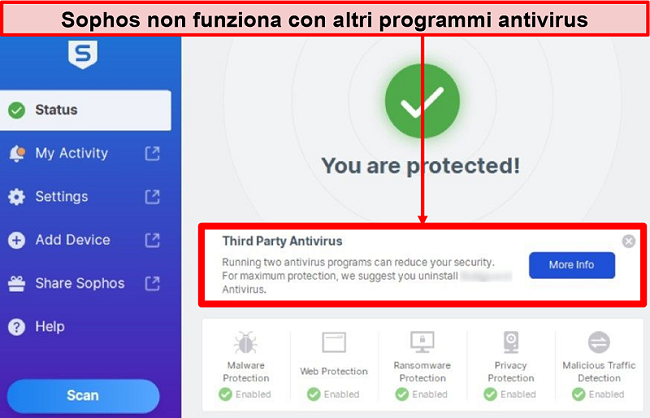 Schermata dell'app desktop Sophos con evidenziata l'avviso di antivirus di terze parti