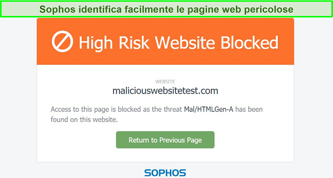 Screenshot di Sophos che blocca un sito che ospita malware.