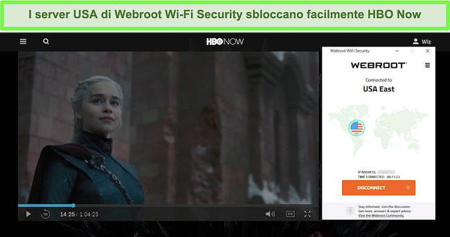 Screenshot di HBO Now che gioca a Game of Thrones mentre è connesso a un server negli Stati Uniti