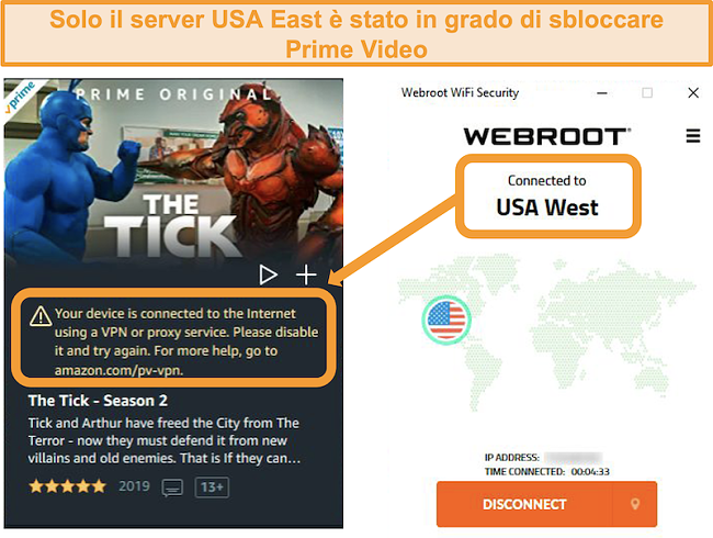 Screenshot dell'errore proxy di Amazon Prime Video durante la connessione al server USA West di Webroot WiFi Security