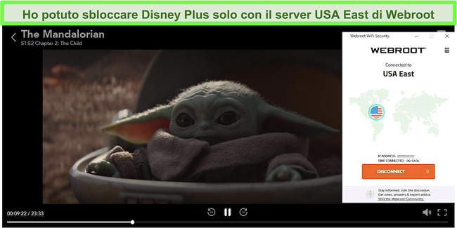 Schermata di Dinsey Plus che gioca a The Mandalorian mentre è connesso a un server negli Stati Uniti