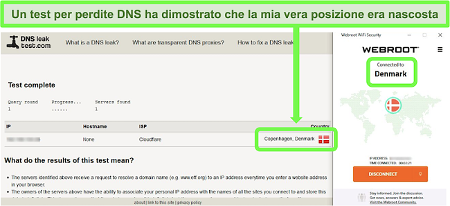 Screenshot di un test di tenuta DNS riuscito mentre Webroot WiFi Security è connesso a un server in Danimarca