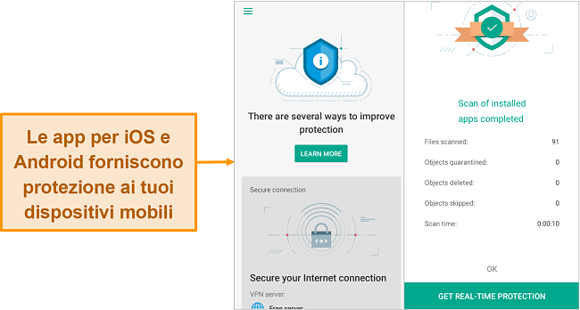 Screenshot di Kaspersky Security Cloud su iOS rispetto alla versione Android