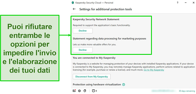 Screenshot delle opzioni desktop di Kaspersky per la disattivazione della raccolta dei dati personali.