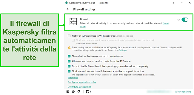 Screenshot delle impostazioni del firewall desktop di Kaspersky che consentono di personalizzarne le regole e i filtri.