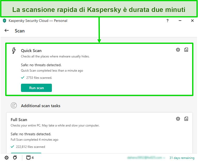 Screenshot della schermata dei risultati della scansione rapida dell'app desktop Kaspersky Antivirus.