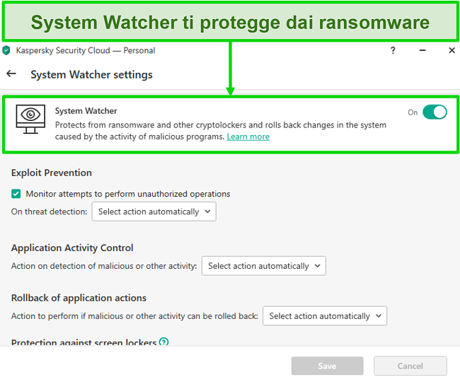 Screenshot della schermata delle impostazioni di Kaspersky System Watcher che consente la personalizzazione della protezione da ransomware.
