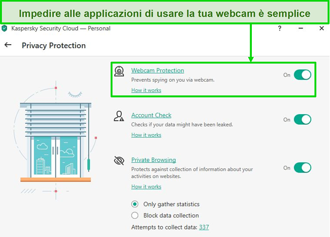 Screenshot delle opzioni di protezione della privacy del desktop Kaspersky