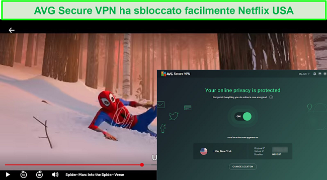 Screenshot di AVG SecureVPN che sblocca Netflix USA