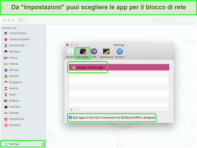 Screenshot del menu delle impostazioni di BullGuard VPN che abilita il Kill Switch per Google Chrome