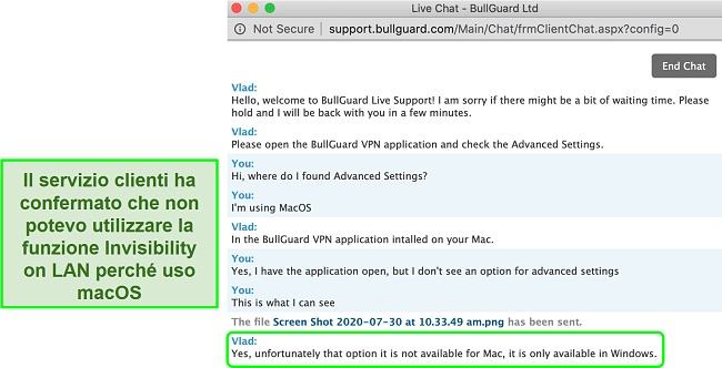 Screenshot del servizio clienti di BullGuard VPN che conferma che Invisibility on LAN è disponibile solo su Windows
