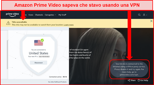 Screenshot dell'indisponibilità di Amazon Prime Video con BullGuard connesso