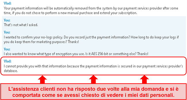 Screenshot del supporto di BullGuard che non ha risposto alla mia domanda sulle informazioni di pagamento, quindi mi ha dato la risposta sbagliata