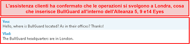 Screenshot della chat dell'assistenza clienti che chiarisce che le loro operazioni di base sono a Londra