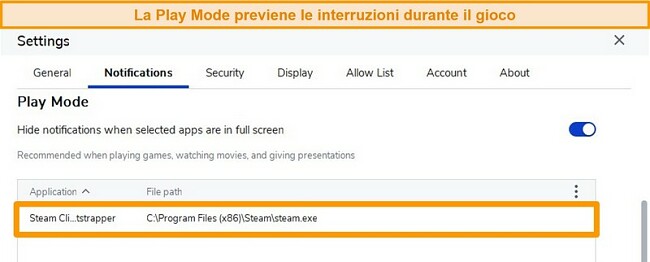 Screenshot del programma antivirus Malwarebytes con la modalità di riproduzione attivata per interrompere le notifiche quando si gioca su app come Steam