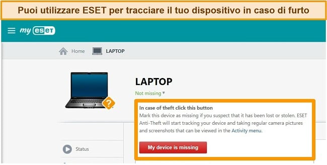 Screenshot del cruscotto antifurto di ESET