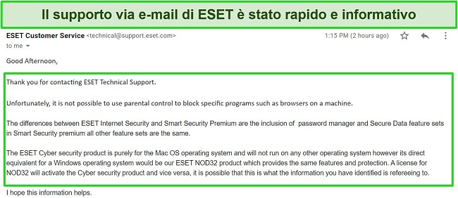 Screenshot della risposta del supporto e-mail di ESET