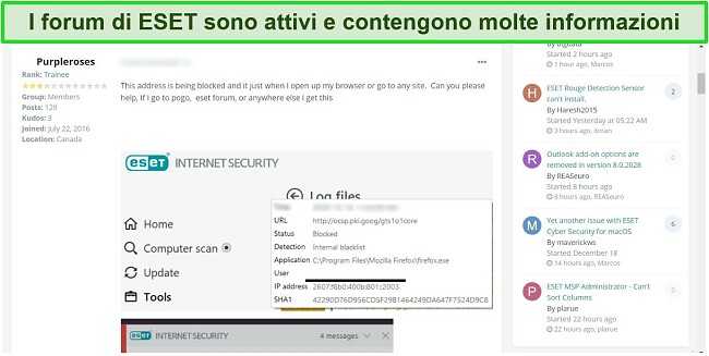 Screenshot del forum della comunità di ESET