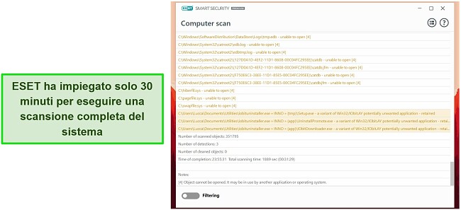 Screenshot della scansione completa del sistema di ESET