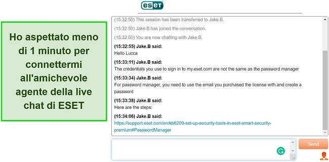 Screenshot della chat dal vivo di ESET