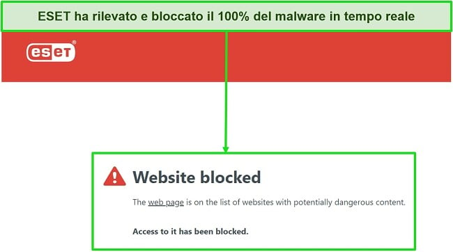 Screenshot dell'antivirus ESET che blocca i siti Web potenzialmente pericolosi