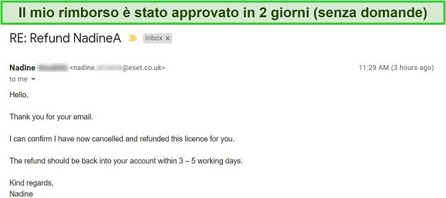 Screenshot di un'e-mail di approvazione del rimborso dall'assistenza ESET