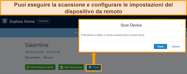 Screenshot del dashboard antivirus Sophos con la scansione remota evidenziata