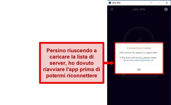 Screenshot dell'errore di connessione di UFO VPN