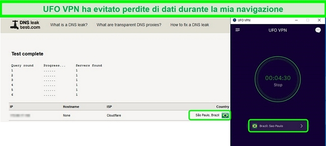 Screenshot di un test di tenuta DNS riuscito durante la connessione a un server VPN UFO in Brasile