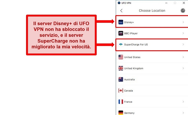 Screenshot dell'elenco dei server di UFO VPN