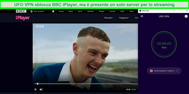 BBC iPlayer in streaming The Young Offenders mentre UFO VPN è connesso al server di streaming BBC iPlayer a Londra